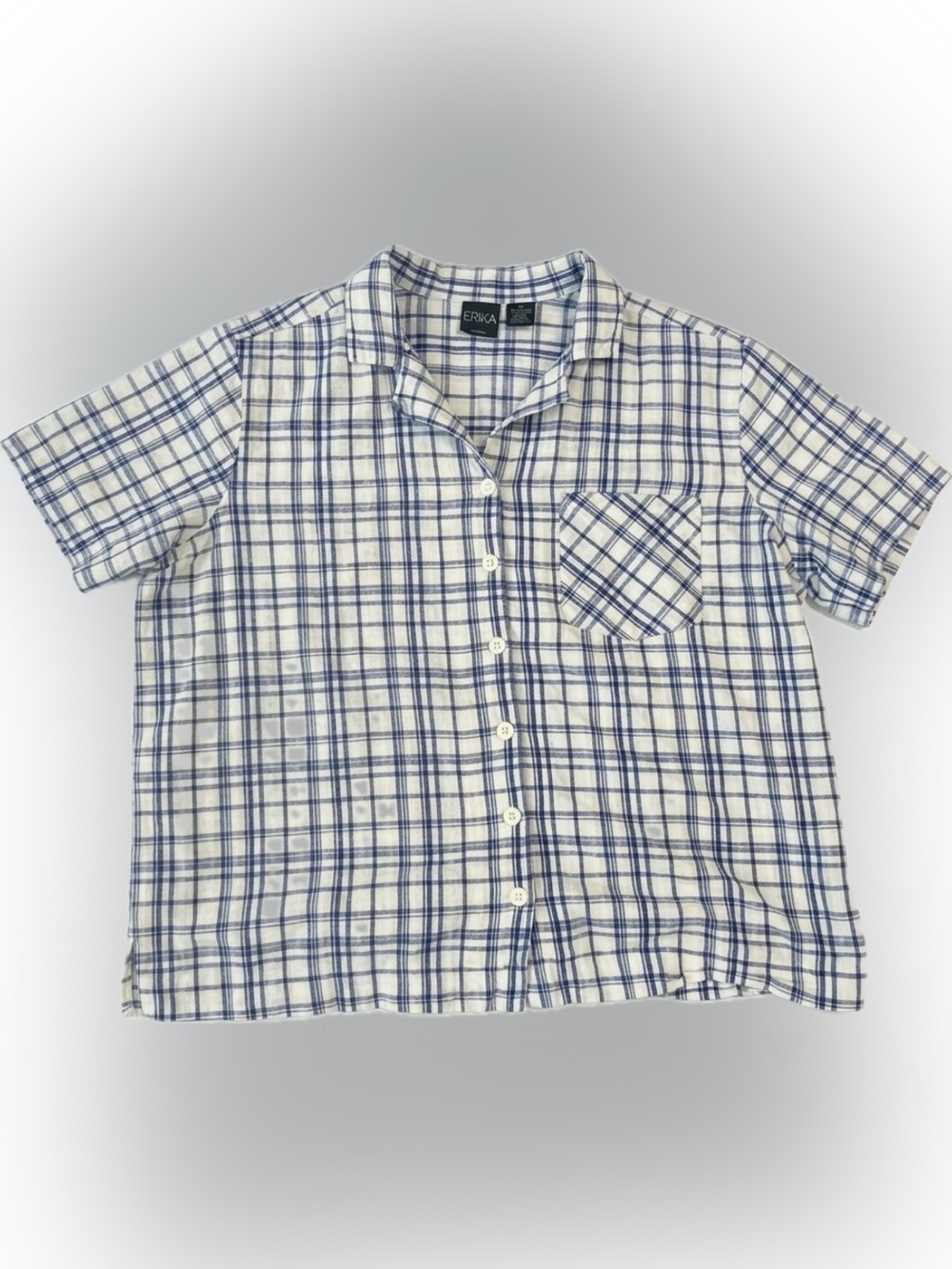 🍄 Vintage Erika Woman White Blue Plaid SS Button-Up Top Blouse Shirt 1X